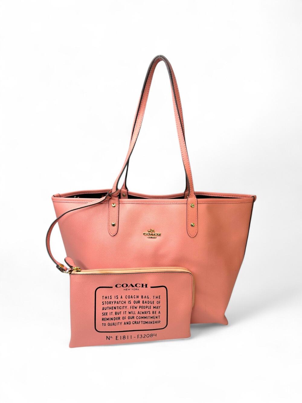 Coach Town Tote Pink Crossgrain Leather Shoulder Tote Bag w/ Matching Zip Pouch